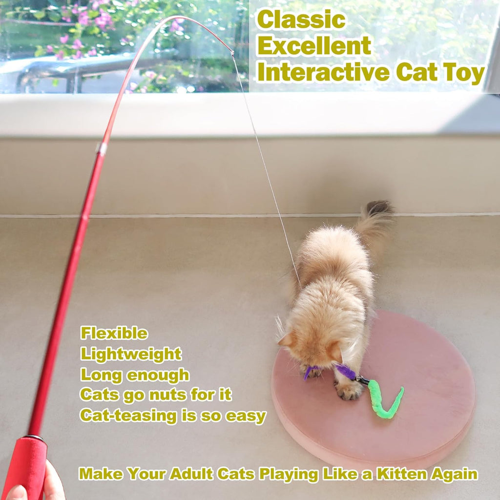 Interactive Cat Toy Set: 2 Retractable Wands and 9 Feather Refills for Indoor Play and Exercise
