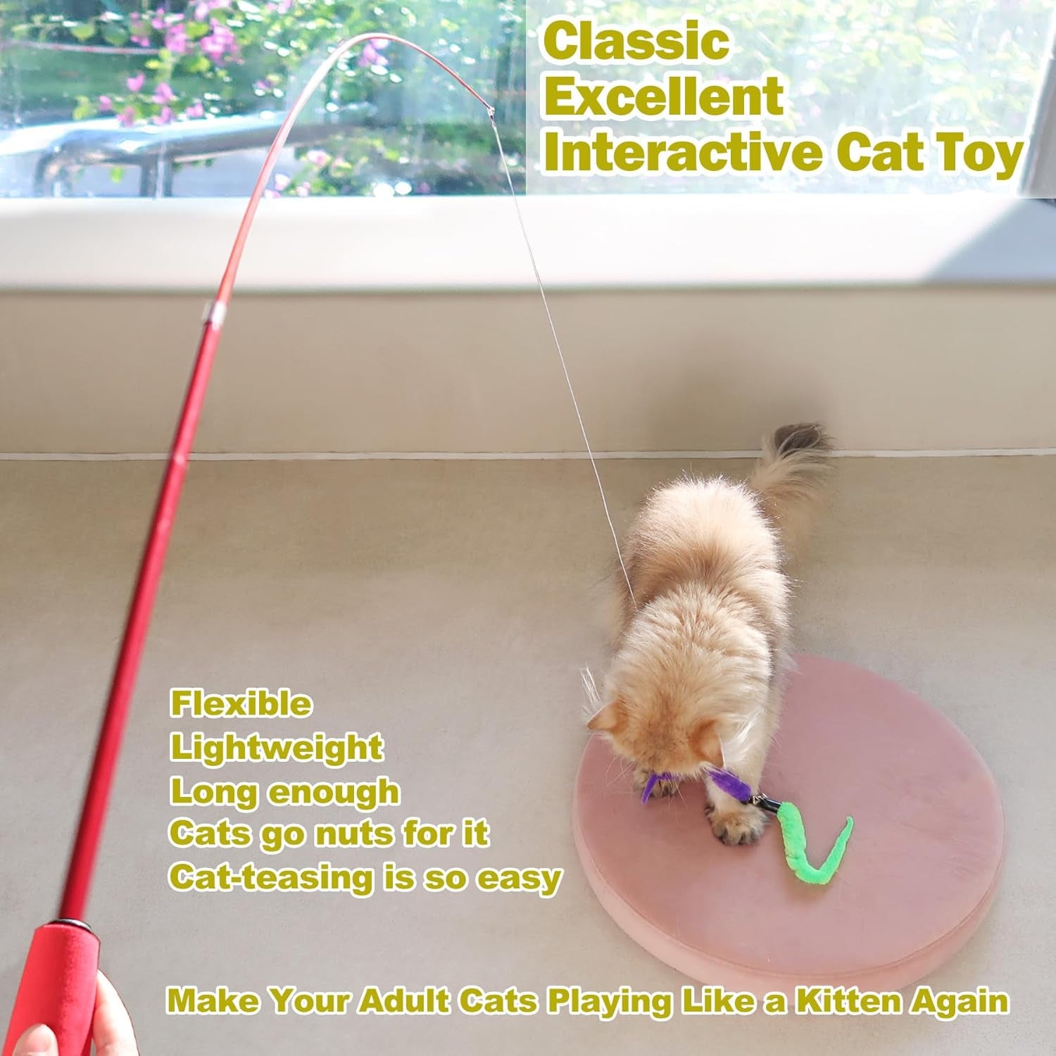 Interactive Cat Toy Set: 2 Retractable Wands and 9 Feather Refills for Indoor Play and Exercise