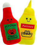 Plush Dog Chew Toy Set - Fruits, Cupcakes, Ice Creams, and Mug with Squeaker (10" Ketchup & Mustard)