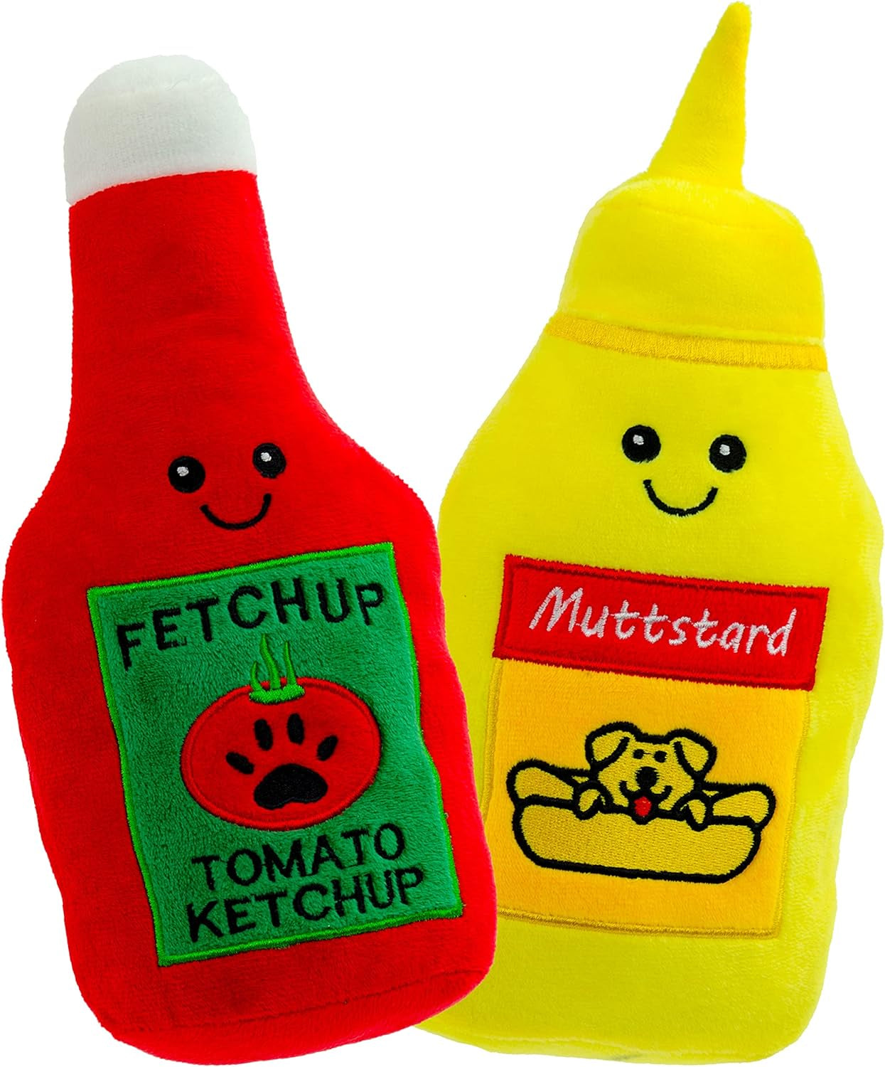 Plush Dog Chew Toy Set - Fruits, Cupcakes, Ice Creams, and Mug with Squeaker (10" Ketchup & Mustard)