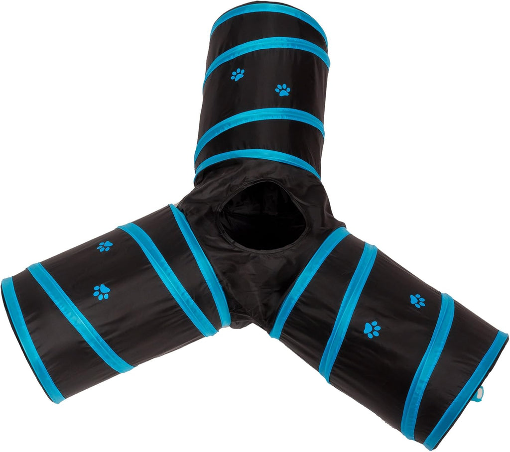 Collapsible 3-Way Cat Tunnel Play Toy - Versatile Tube for Kittens, Rabbits, and Dogs - Black/Aqua