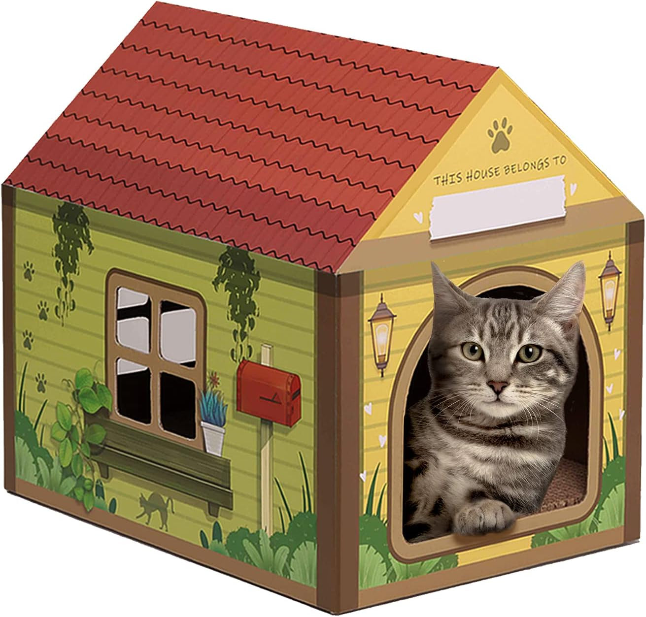 Cardboard Cat House with Scratching Pad and Catnip, 16.5'' x 12'' x 15'', Burger Shop Design for Indoor/Outdoor Cats, Playhouse and Home Decor, Scratch Toy, Ideal Hideout for Rabbits and Small Animals
