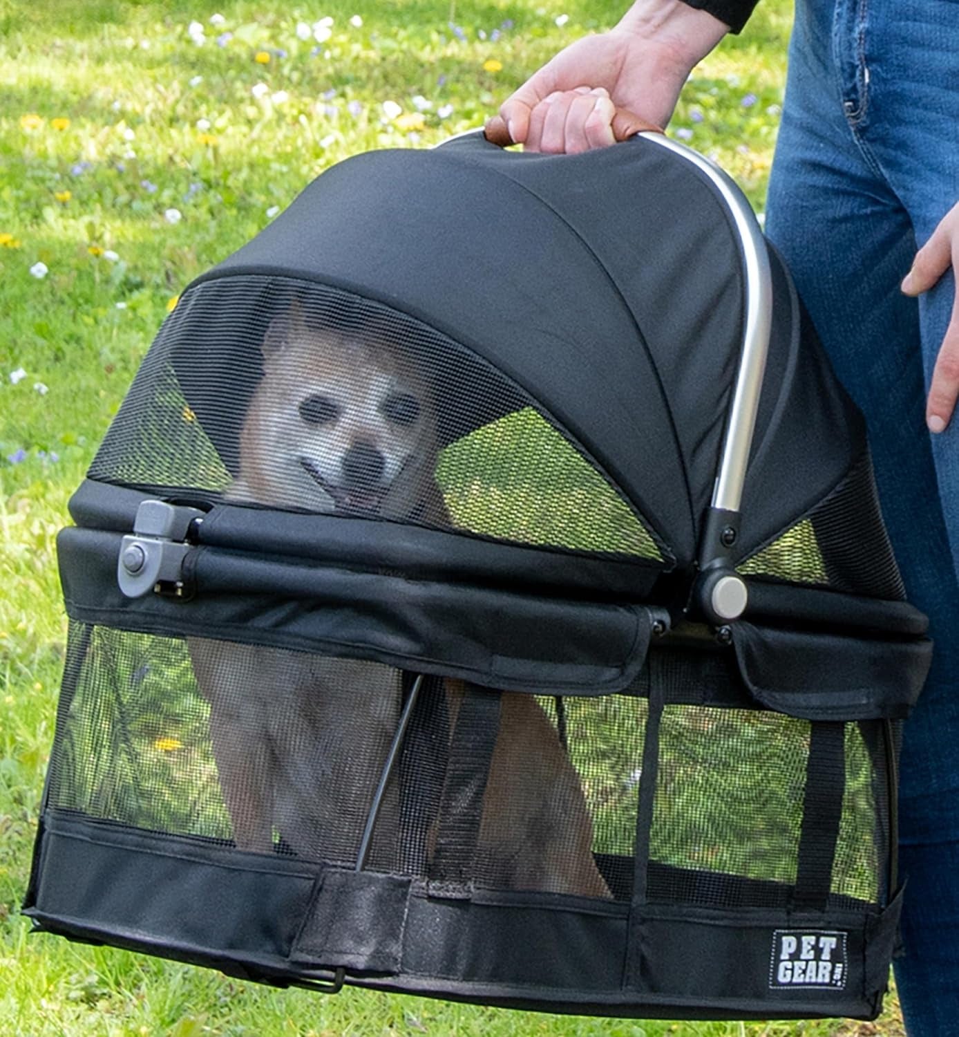 No-Zip 360-Degree Pet Safety Carrier and Car Seat for Small Dogs and Cats, 20-Inch, Black, with Push Button Entry