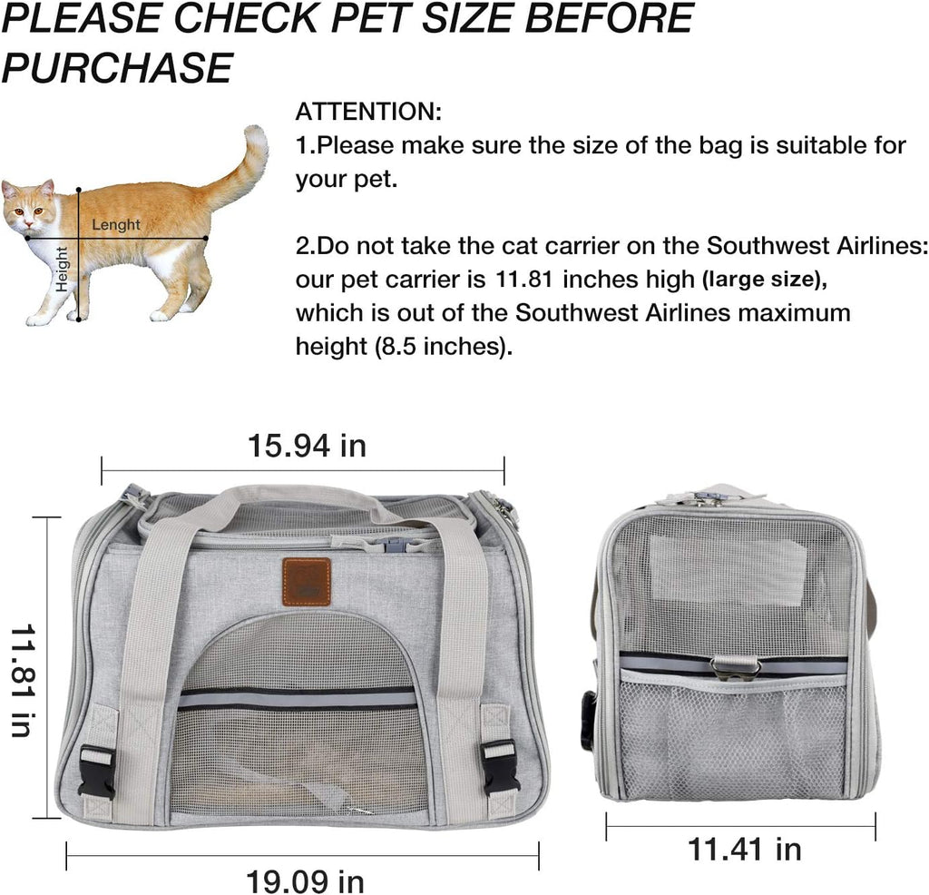 Premium Airline-Approved Soft-Sided Pet Carrier for Cats and Dogs - Portable Cozy Travel Bag, Safe for Car Seat (Large, Light Grey)