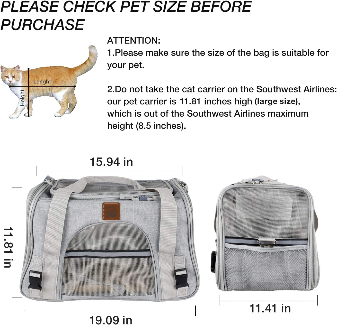 Premium Airline-Approved Soft-Sided Pet Carrier for Cats and Dogs - Portable Cozy Travel Bag, Safe for Car Seat (Large, Light Grey)
