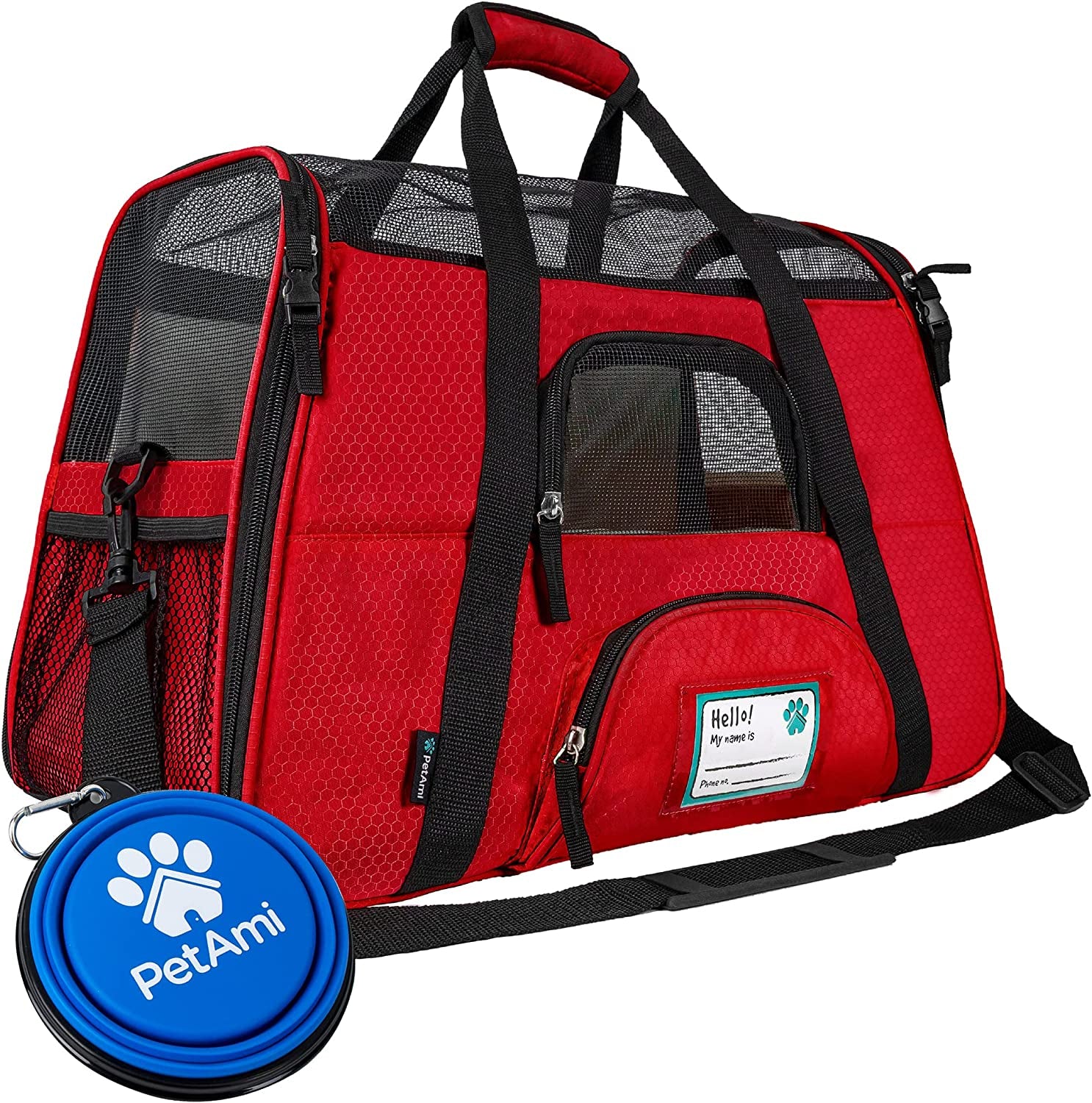 Airline-Approved Soft-Sided Pet Carrier for Cats and Small Dogs, TSA-Compliant Travel Bag with Sherpa Bed, Breathable Mesh Ventilation, Collapsible Bowl, Suitable for Pets Up to 18 lbs, Small Heather White/Red
