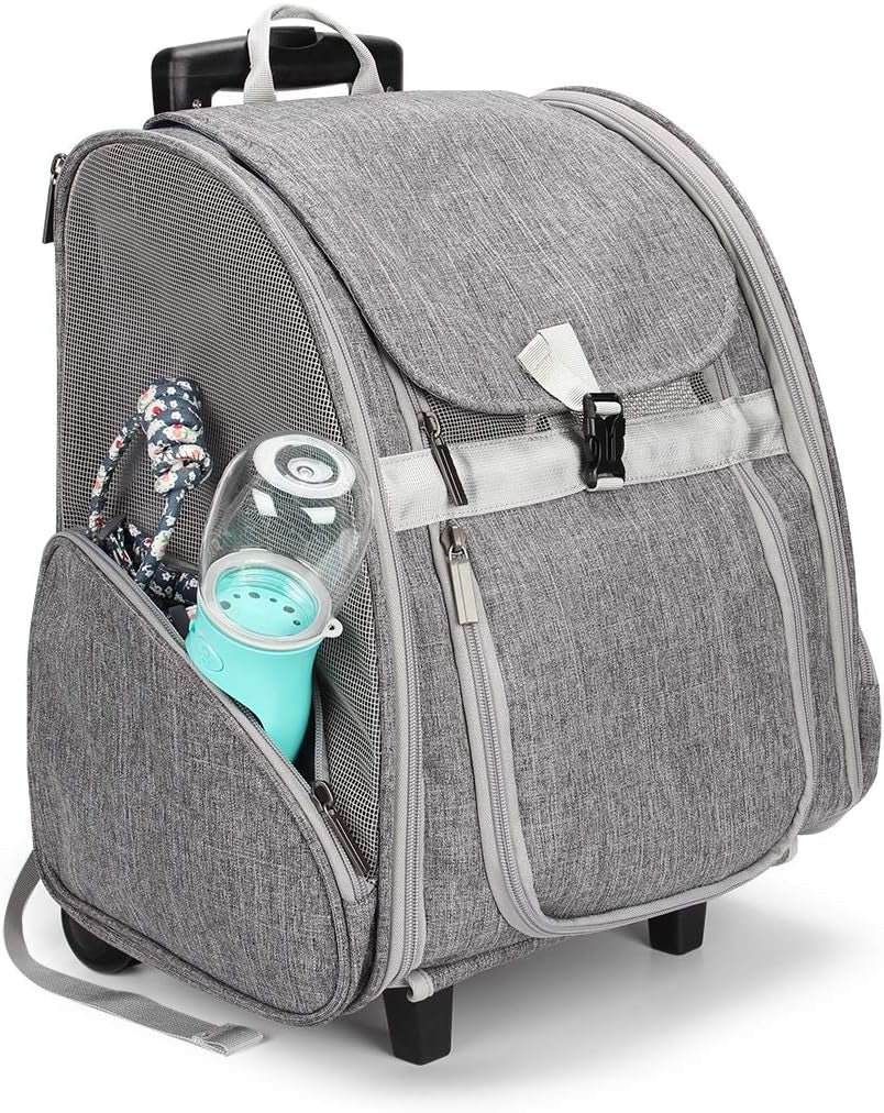 Pet Rolling Carrier Backpack for Dogs and Cats - Travel Bag with Wheels (Grey)