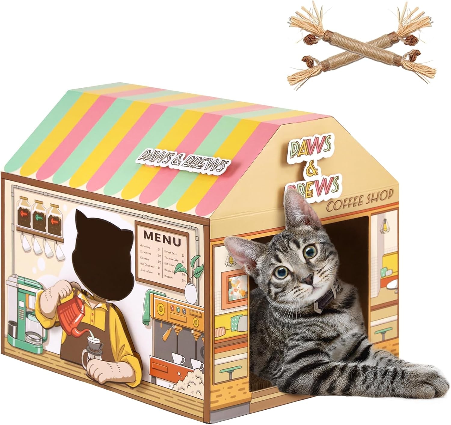 Cardboard Cat House with Scratching Pad and Catnip, 16.5'' x 12'' x 15'', Burger Shop Design for Indoor/Outdoor Cats, Playhouse and Home Decor, Scratch Toy, Ideal Hideout for Rabbits and Small Animals