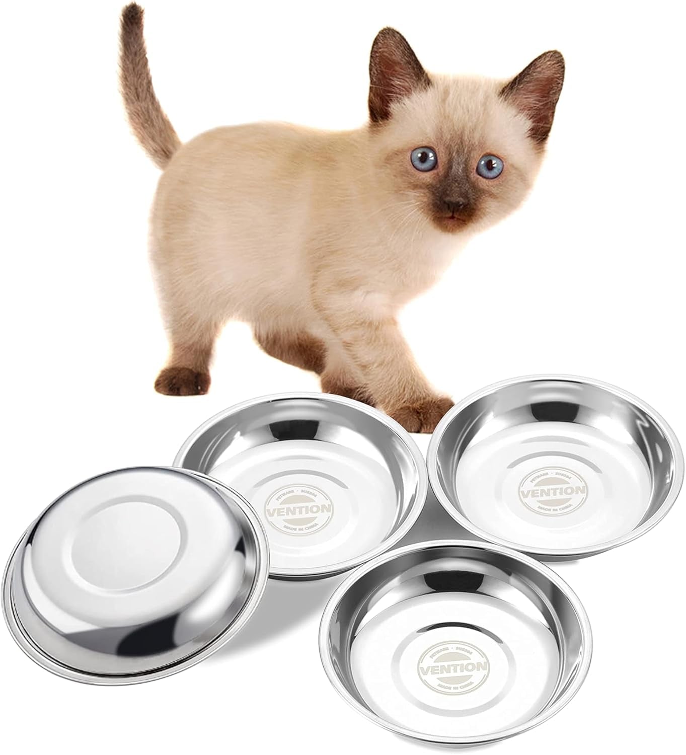 Set of 4 Stainless Steel Cat Food Bowls for Raised Stations, 5.8-Inch Diameter, Designed to Prevent Whisker Fatigue, 10.8 Fl. Oz Capacity, Ideal for Indoor Cats