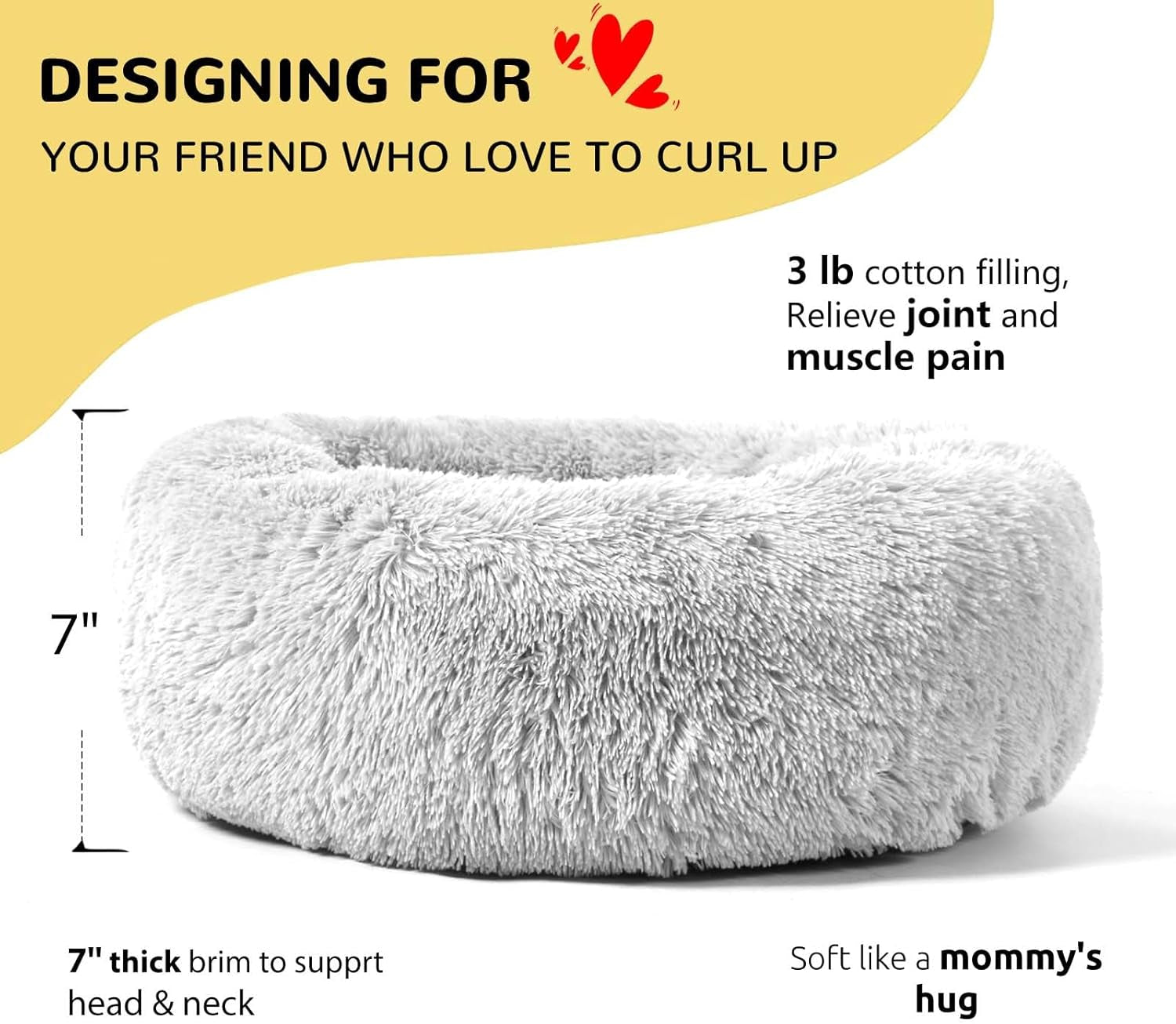 Calming Round Fluffy Dog Bed for Large Dogs, Washable Gray Cuddler Pet Bed, 30 inches