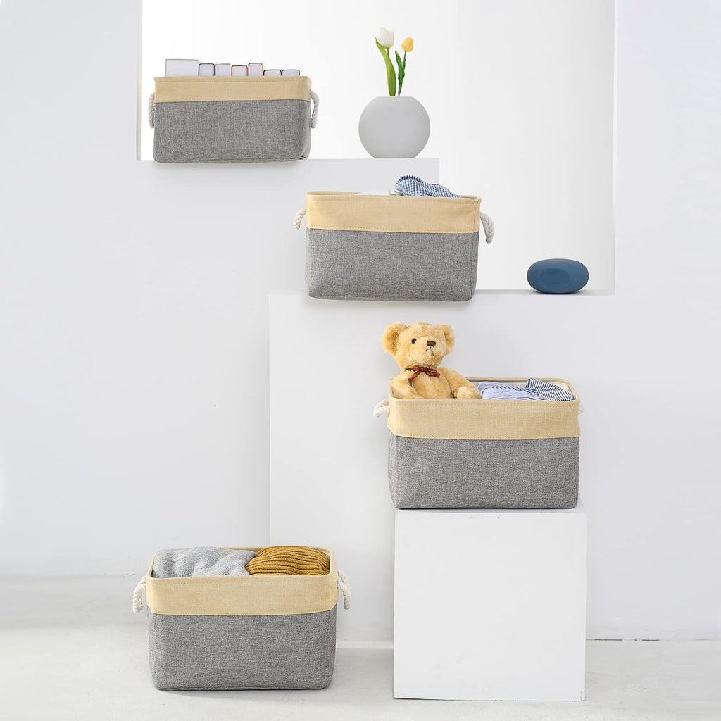 Large Collapsible Storage Bins - 3 Pack 14x10x7 Inch Fabric Organizers for Closet, Shelf, and Toy Storage (Grey & Gold)