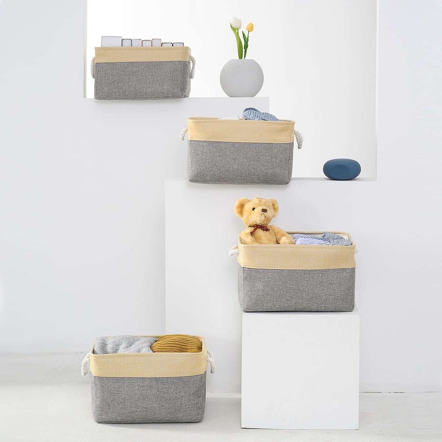 Large Collapsible Storage Bins - 3 Pack 14x10x7 Inch Fabric Organizers for Closet, Shelf, and Toy Storage (Grey & Gold)