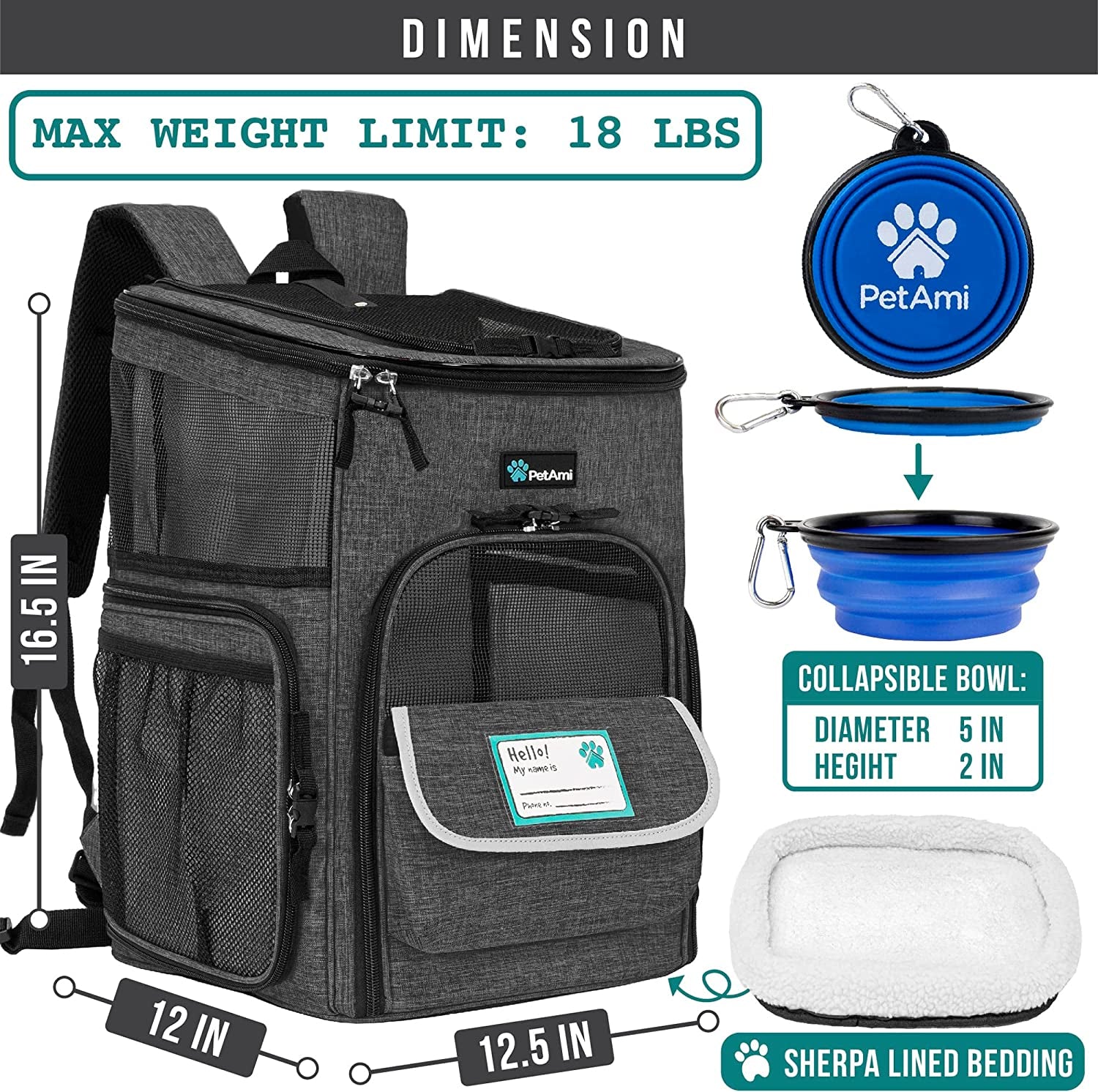 Airline Approved Dog and Cat Backpack Carrier with 4-Way Entry, Ventilated Mesh Design, Collapsible for Small Pets up to 18 lbs, Ideal for Hiking and Travel, Charcoal Gray