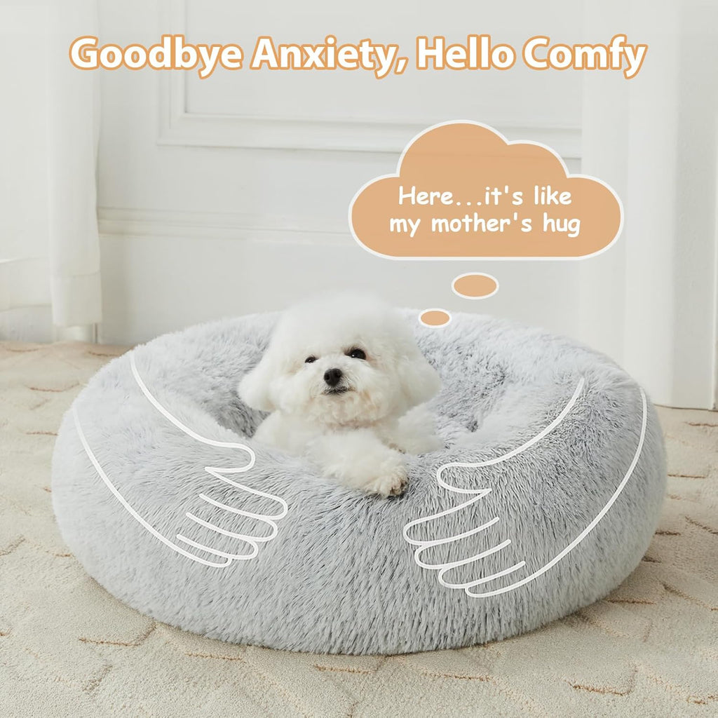 Calming Donut Pet Bed for Dogs and Cats, Self-Warming Faux Fur Cuddler, Plush Round Bed (24 x 24 Inch, Light Grey)