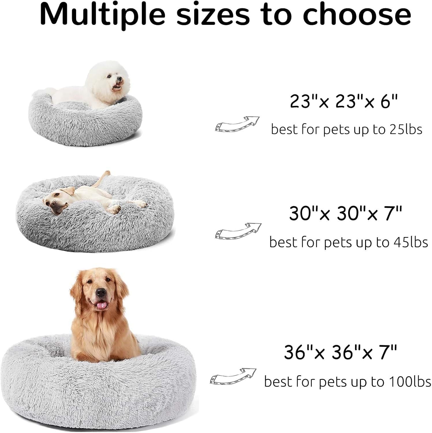 Calming Round Fluffy Dog Bed for Large Dogs, Washable Gray Cuddler Pet Bed, 30 inches