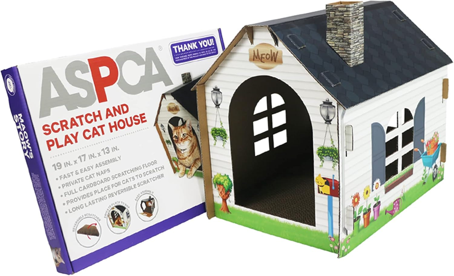 Cardboard Cat House Hideaway Playhouse with Integrated Scratching Pad - Dimensions: 19" L x 13" W x 17" H