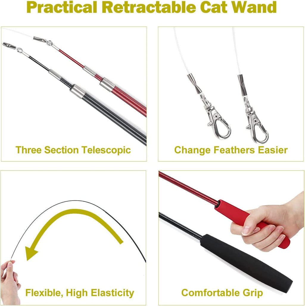 Interactive Cat Toy Set: 2 Retractable Wands and 9 Feather Refills for Indoor Play and Exercise