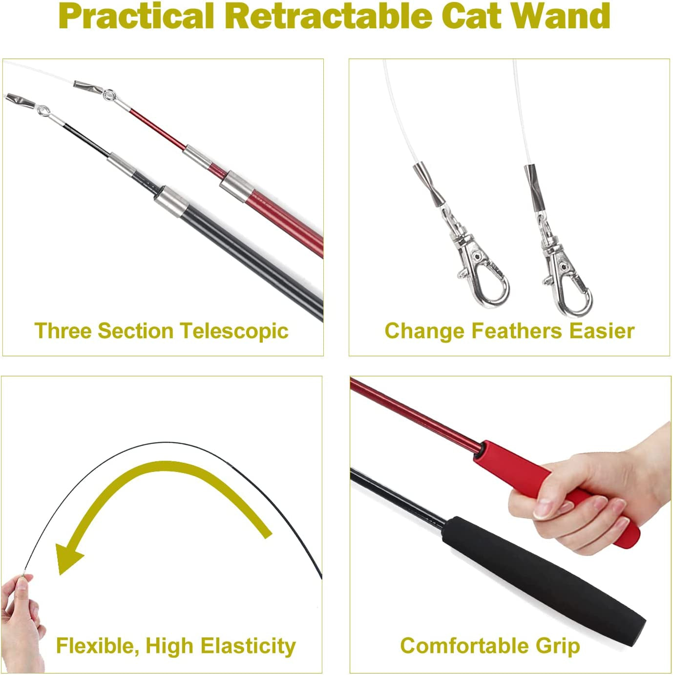 Interactive Cat Toy Set: 2 Retractable Wands and 9 Feather Refills for Indoor Play and Exercise
