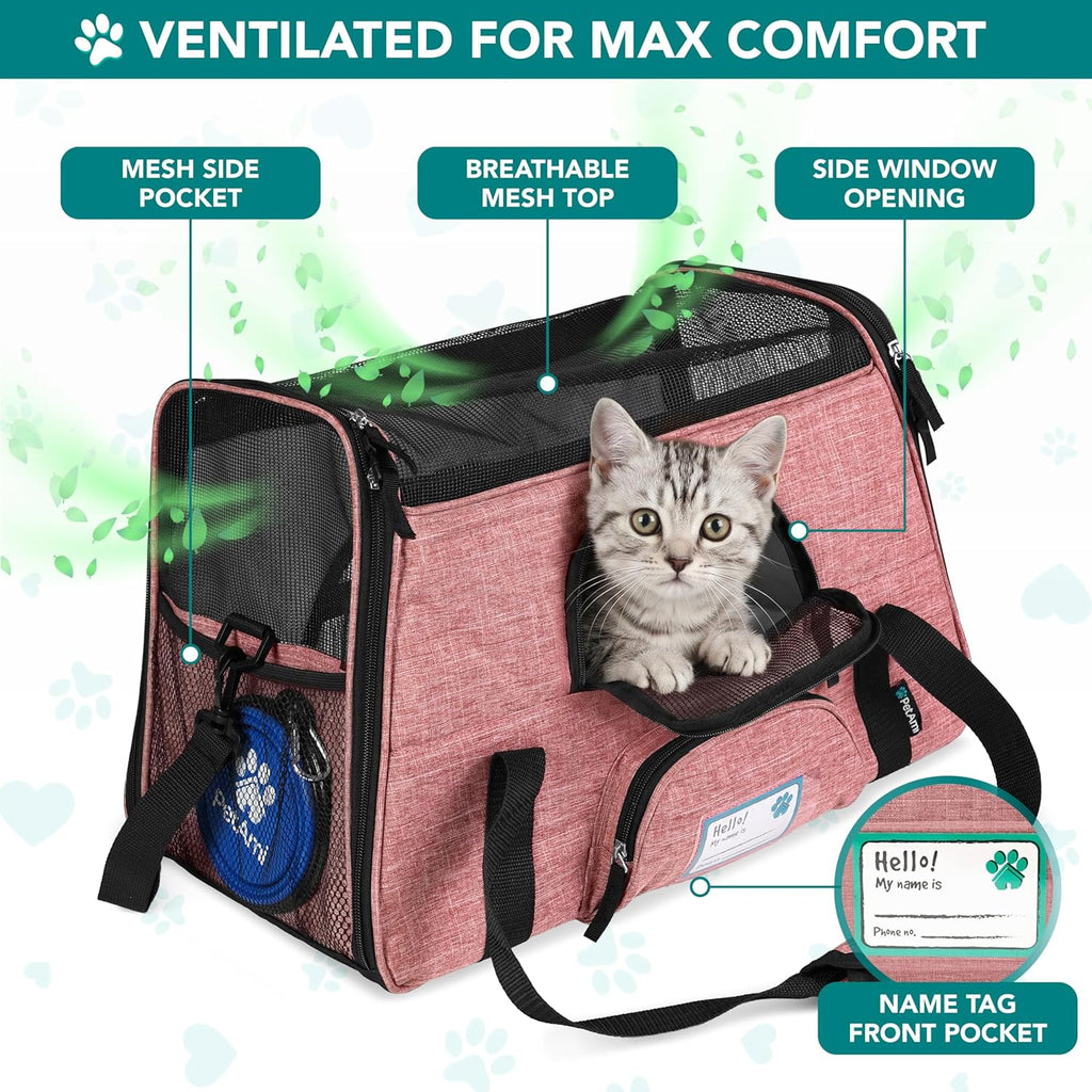 Airline-Approved Soft-Sided Pet Carrier for Cats and Small Dogs, TSA-Compliant Travel Bag with Sherpa Bed, Breathable Mesh Ventilation, Collapsible Bowl, Suitable for Pets Up to 18 lbs, Small Heather White/Red