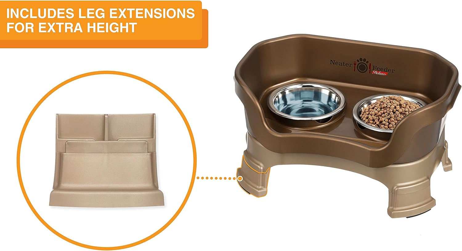 Neater Feeder Deluxe Elevated Cat Bowls with Adjustable Heights (6” & 7.5”), No-Spill Raised Stand, Whisker-Friendly Stainless Steel Dishes, Made in USA, Bronze Finish