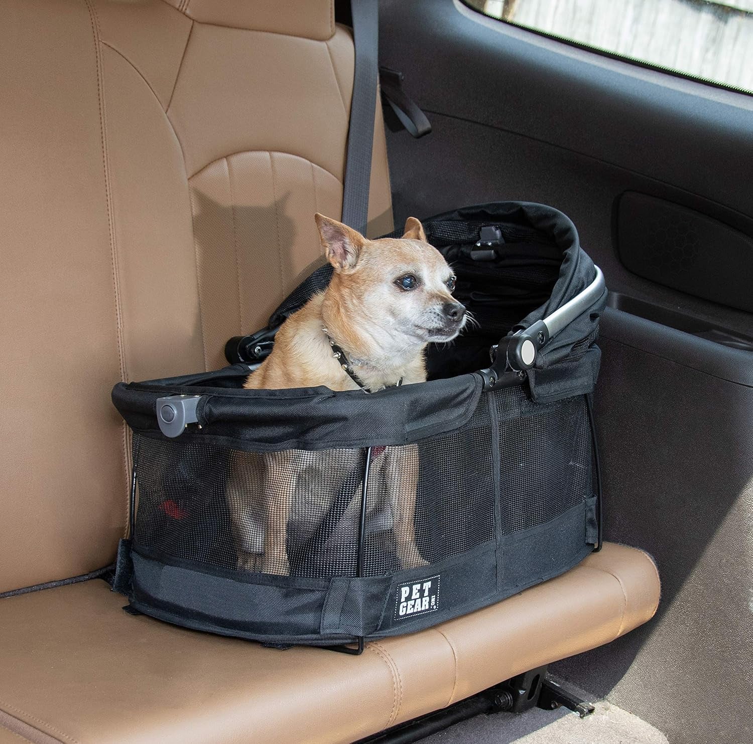 No-Zip 360-Degree Pet Safety Carrier and Car Seat for Small Dogs and Cats, 20-Inch, Black, with Push Button Entry