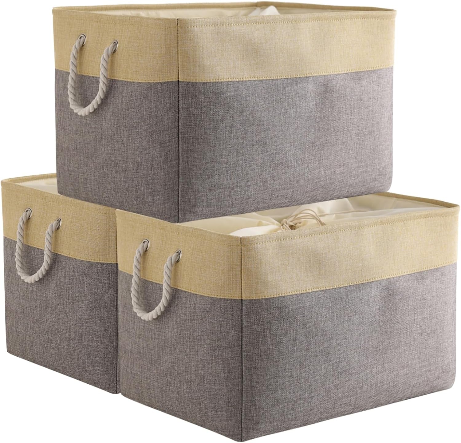 Large Collapsible Storage Bins - 3 Pack 14x10x7 Inch Fabric Organizers for Closet, Shelf, and Toy Storage (Grey & Gold)