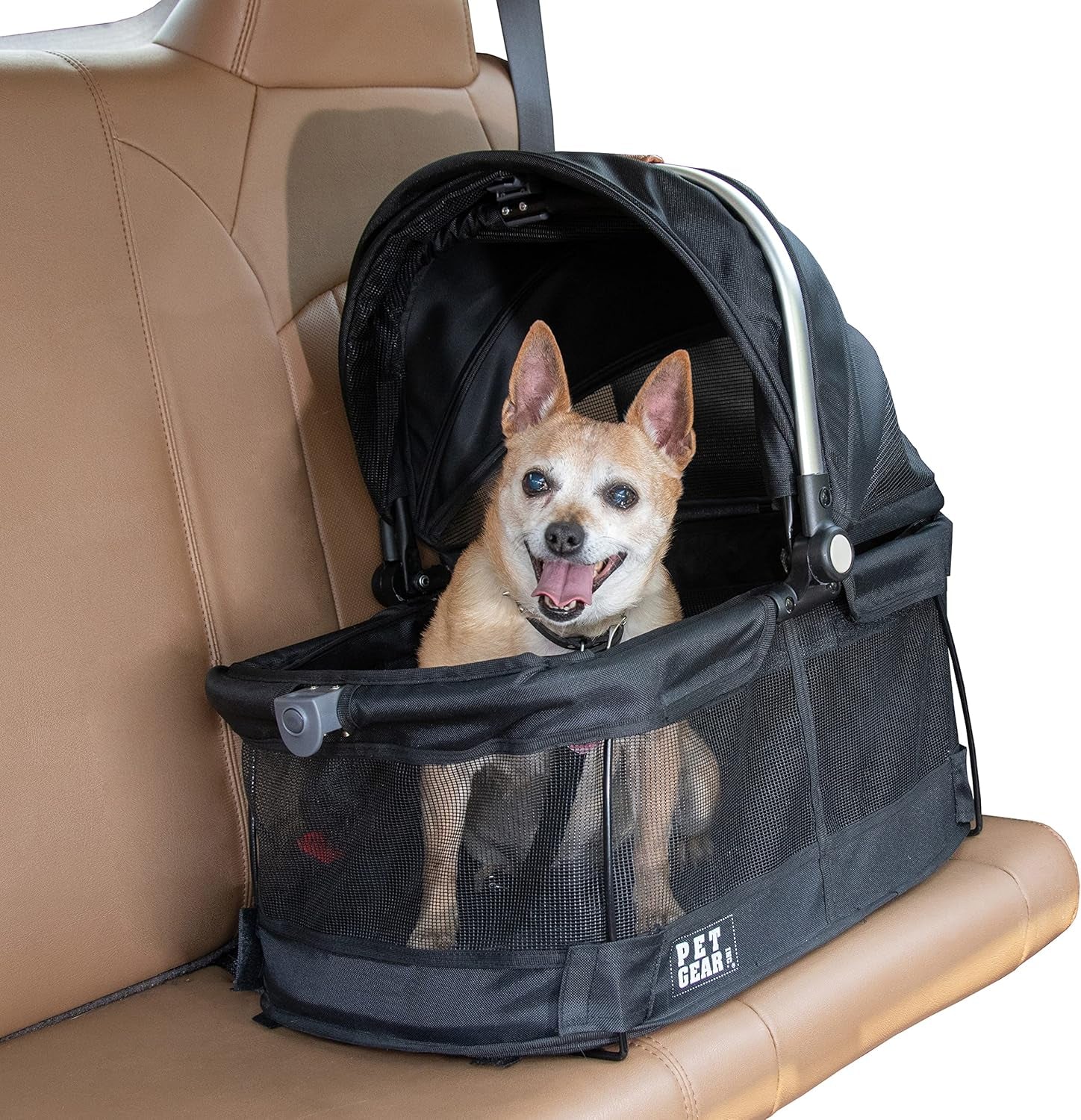 No-Zip 360-Degree Pet Safety Carrier and Car Seat for Small Dogs and Cats, 20-Inch, Black, with Push Button Entry