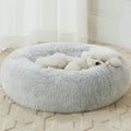 Calming Donut Pet Bed for Dogs and Cats, Self-Warming Faux Fur Cuddler, Plush Round Bed (24 x 24 Inch, Light Grey)