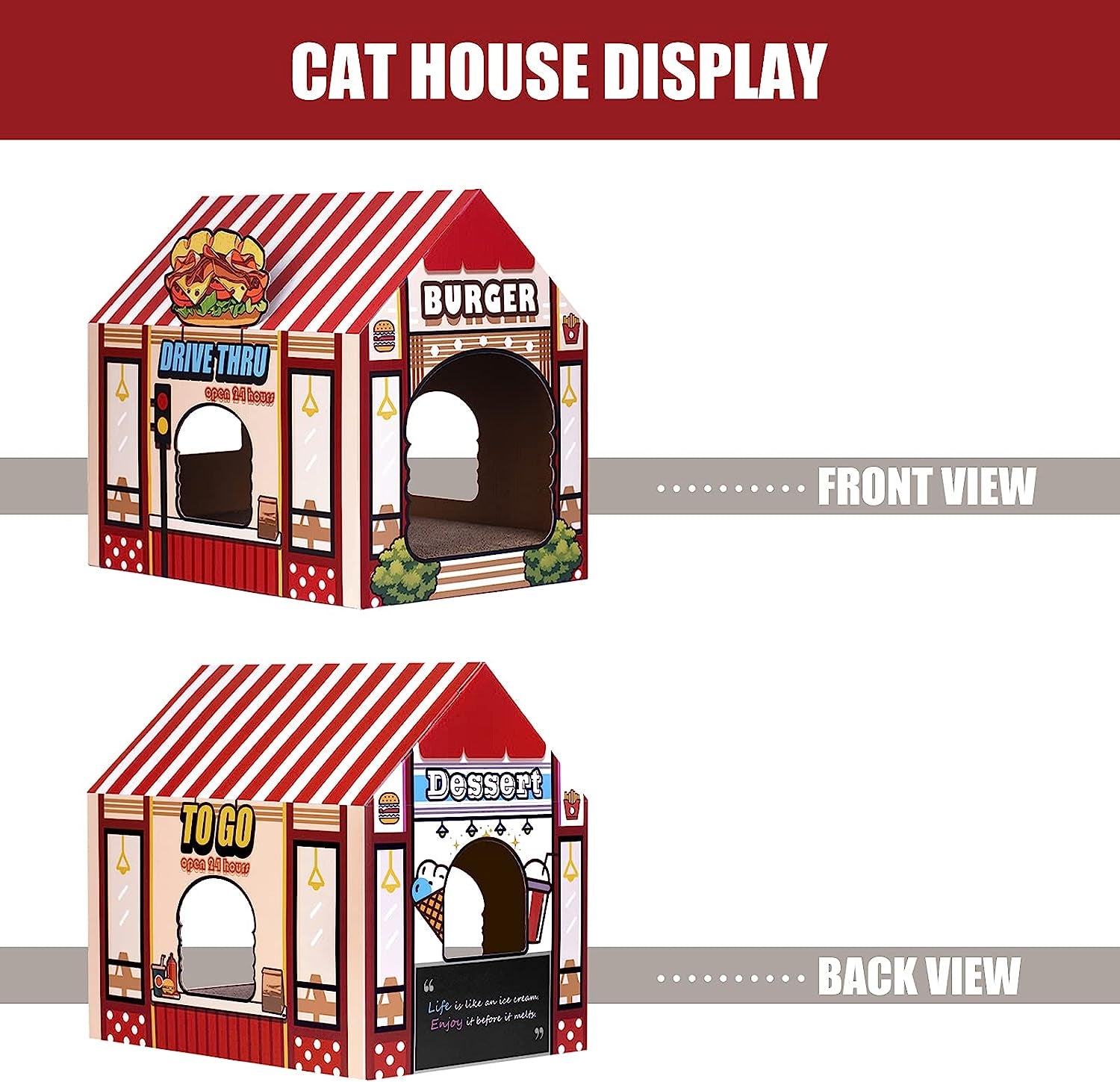 Cardboard Cat House with Scratching Pad and Catnip, 16.5'' x 12'' x 15'', Burger Shop Design for Indoor/Outdoor Cats, Playhouse and Home Decor, Scratch Toy, Ideal Hideout for Rabbits and Small Animals