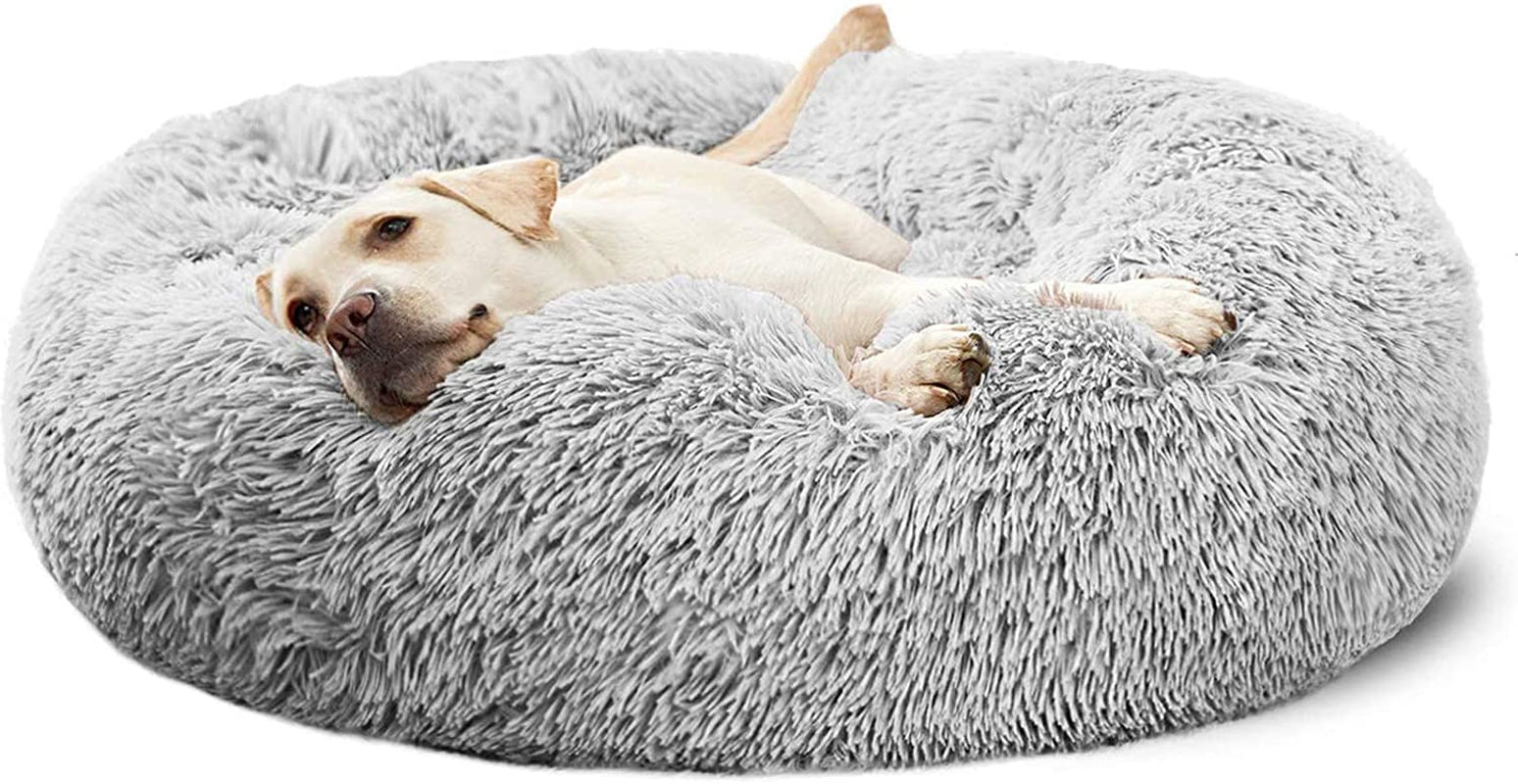 Calming Round Fluffy Dog Bed for Large Dogs, Washable Gray Cuddler Pet Bed, 30 inches