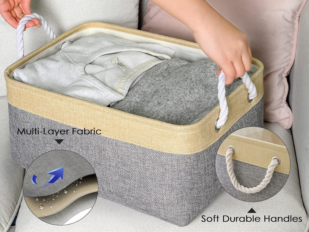 Large Collapsible Storage Bins - 3 Pack 14x10x7 Inch Fabric Organizers for Closet, Shelf, and Toy Storage (Grey & Gold)