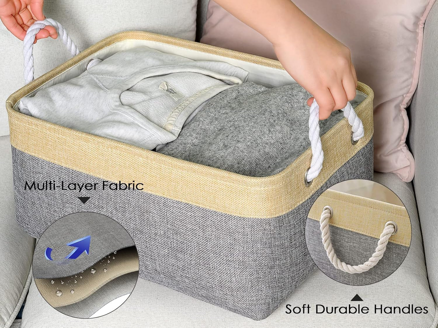 Large Collapsible Storage Bins - 3 Pack 14x10x7 Inch Fabric Organizers for Closet, Shelf, and Toy Storage (Grey & Gold)
