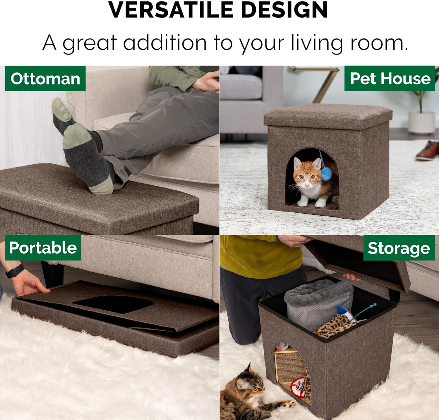 Indoor Pet House for Cats and Small Dogs, Collapsible and Foldable with Plush Ball Toy - Living Room Footstool Cat Condo in Coconut Brown, Small