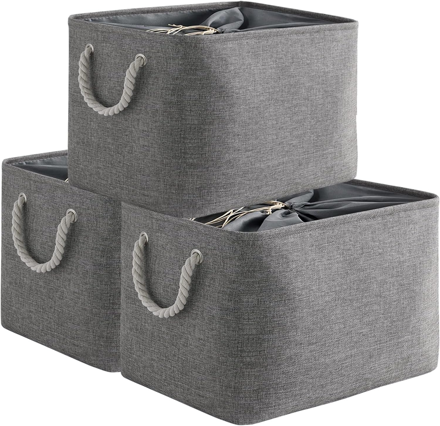Large Collapsible Storage Bins - 3 Pack 14x10x7 Inch Fabric Organizers for Closet, Shelf, and Toy Storage (Grey & Gold)