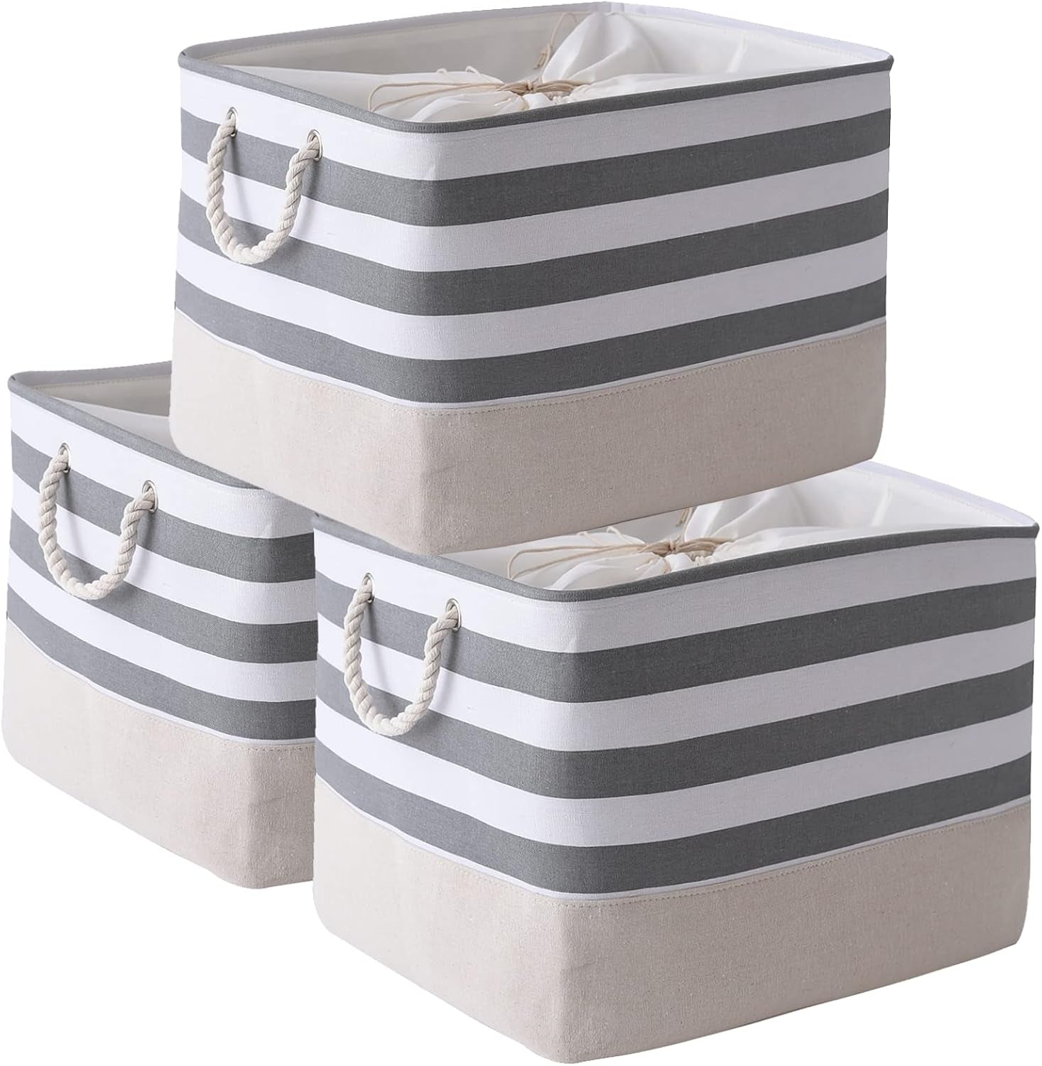 Large Collapsible Storage Bins - 3 Pack 14x10x7 Inch Fabric Organizers for Closet, Shelf, and Toy Storage (Grey & Gold)