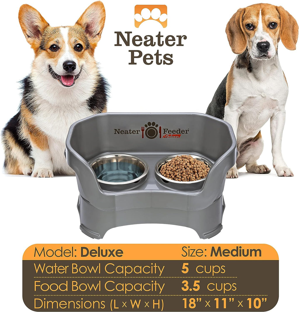 Neater Feeder Deluxe Elevated Dog Bowl Set for Medium Dogs (19-40 lbs) - Made in USA, Spill-Proof Feeding Station, Gunmetal Finish