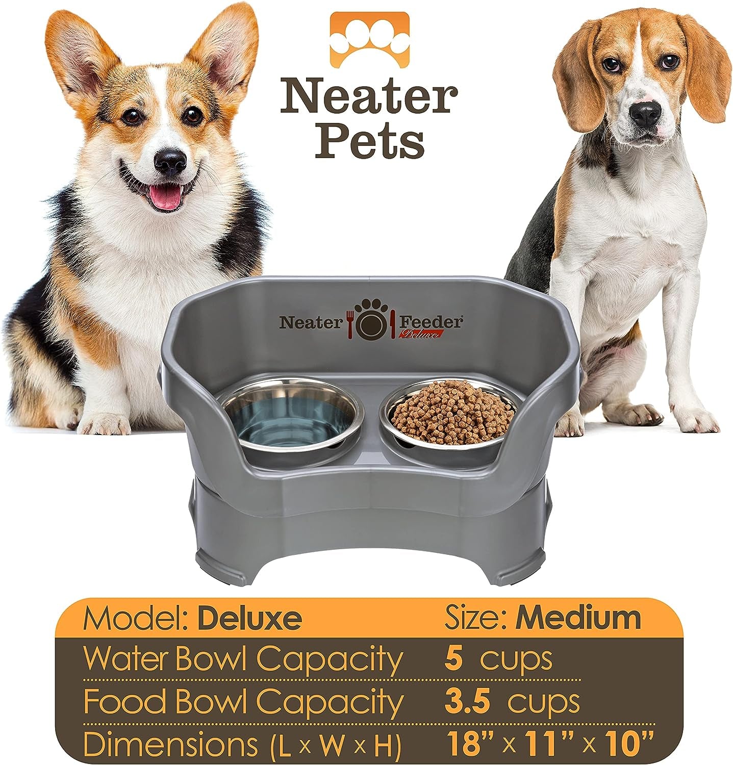 Neater Feeder Deluxe Elevated Dog Bowl Set for Medium Dogs (19-40 lbs) - Made in USA, Spill-Proof Feeding Station, Gunmetal Finish