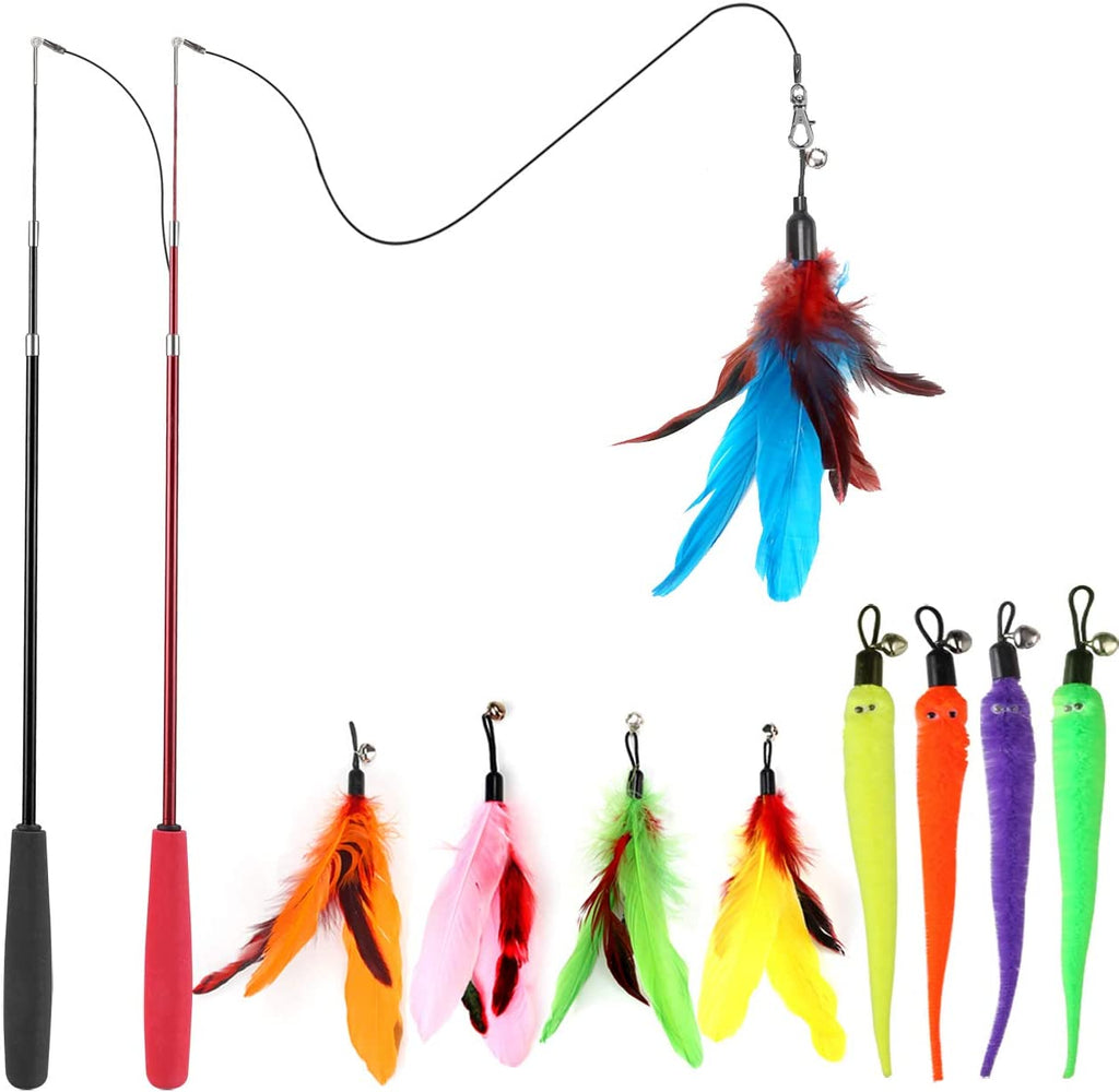 Interactive Cat Toy Set: 2 Retractable Wands and 9 Feather Refills for Indoor Play and Exercise