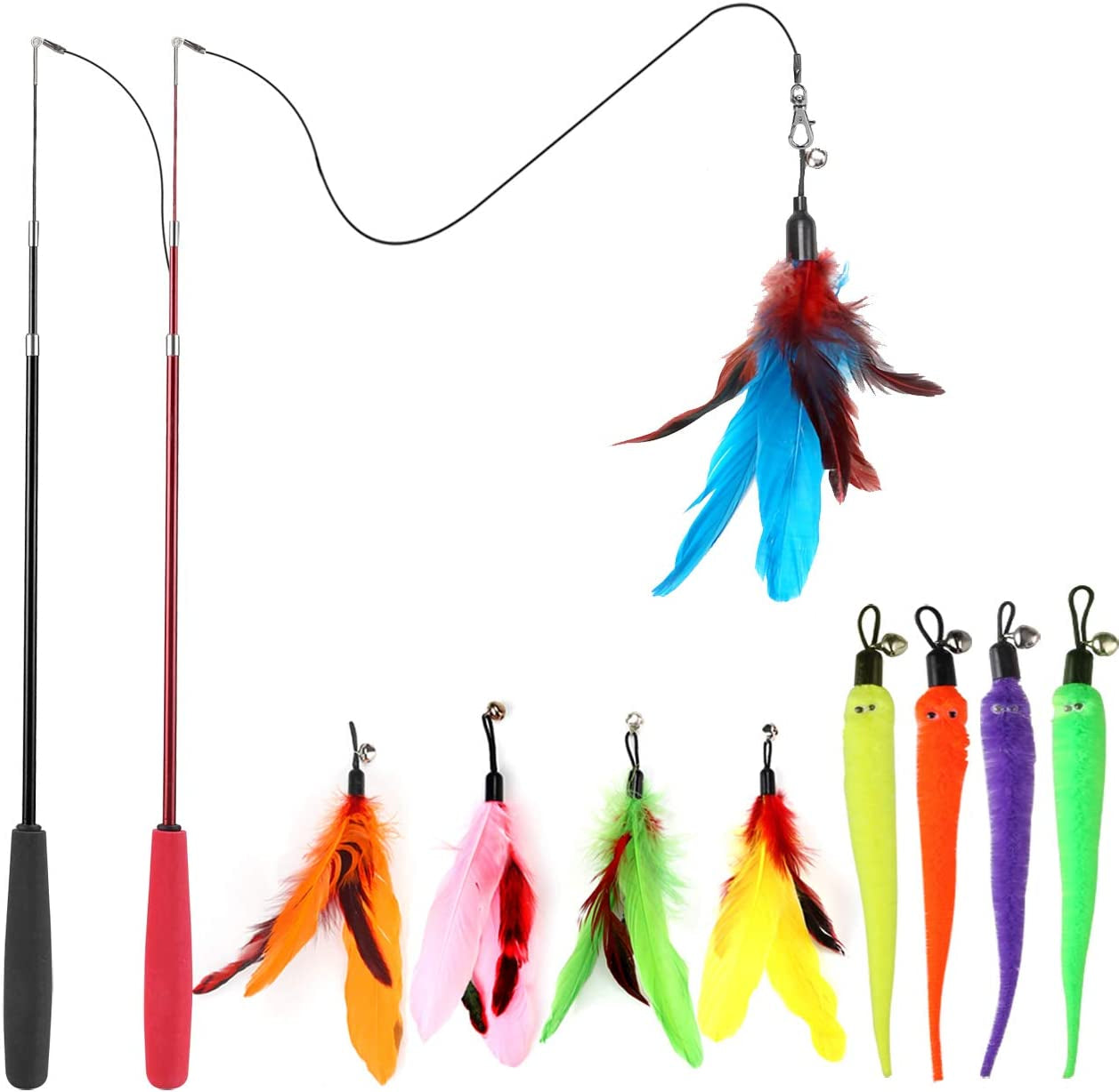 Interactive Cat Toy Set: 2 Retractable Wands and 9 Feather Refills for Indoor Play and Exercise