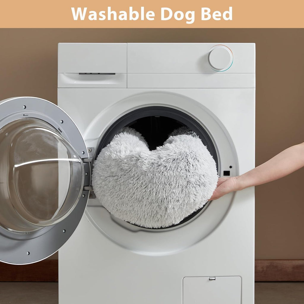 Calming Donut Pet Bed for Dogs and Cats, Self-Warming Faux Fur Cuddler, Plush Round Bed (24 x 24 Inch, Light Grey)