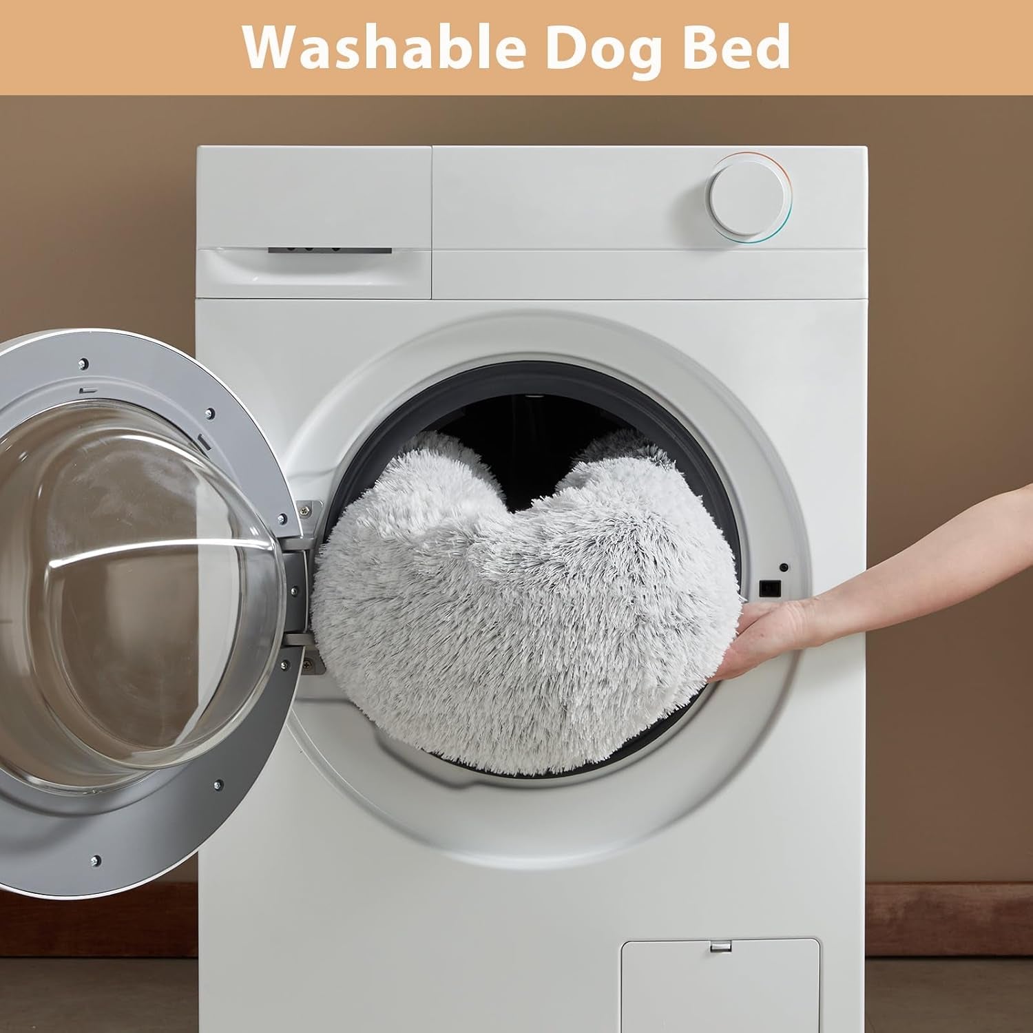 Calming Donut Pet Bed for Dogs and Cats, Self-Warming Faux Fur Cuddler, Plush Round Bed (24 x 24 Inch, Light Grey)