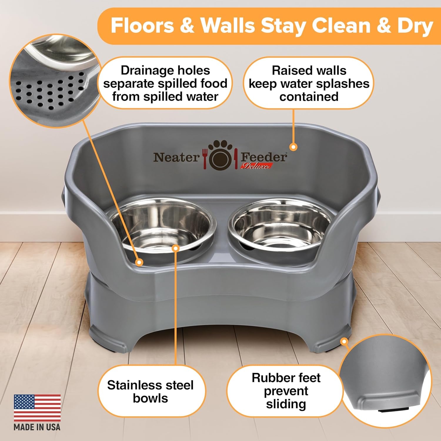 Neater Feeder Deluxe Elevated Dog Bowl Set for Medium Dogs (19-40 lbs) - Made in USA, Spill-Proof Feeding Station, Gunmetal Finish