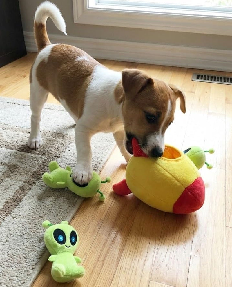 Interactive Plush Hide and Seek Squirrel Puzzle Toy for Small Dogs (Spaceship and Aliens)