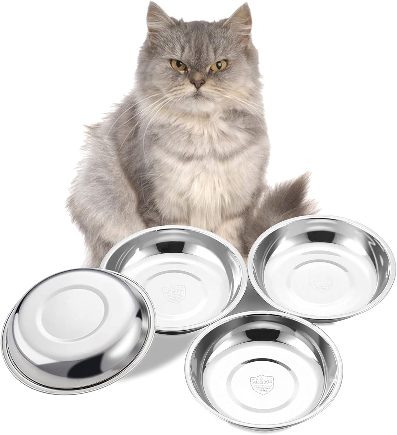 Set of 4 Stainless Steel Cat Food Bowls for Raised Stations, 5.8-Inch Diameter, Designed to Prevent Whisker Fatigue, 10.8 Fl. Oz Capacity, Ideal for Indoor Cats
