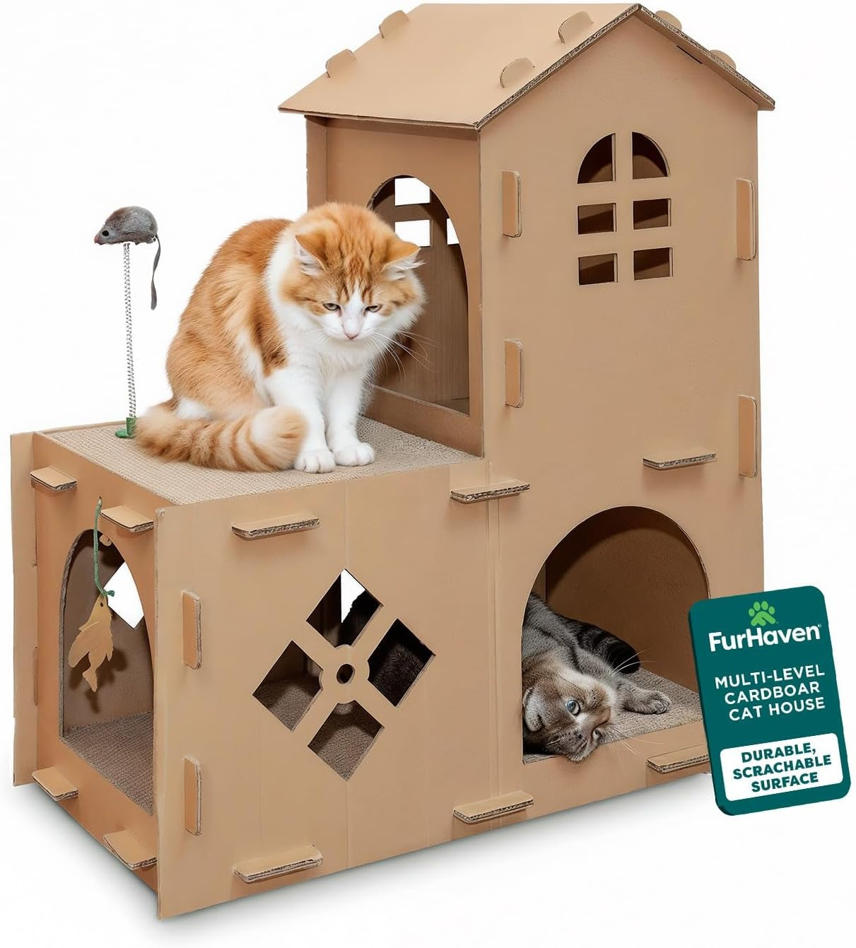 Multi-Level Cardboard Cat House for Indoor Cats with Catnip and Toys - Double-Walled Corrugated Scratcher for Lounging, Play, and Comfort - One Size, Brown