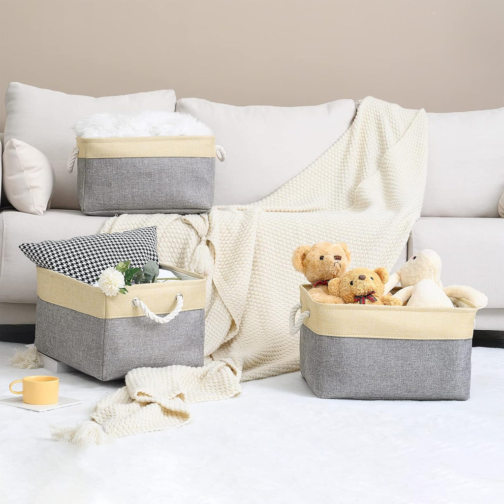 Large Collapsible Storage Bins - 3 Pack 14x10x7 Inch Fabric Organizers for Closet, Shelf, and Toy Storage (Grey & Gold)