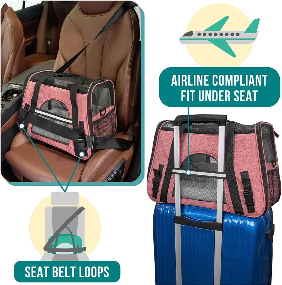 Airline-Approved Soft-Sided Pet Carrier for Cats and Small Dogs, TSA-Compliant Travel Bag with Sherpa Bed, Breathable Mesh Ventilation, Collapsible Bowl, Suitable for Pets Up to 18 lbs, Small Heather White/Red