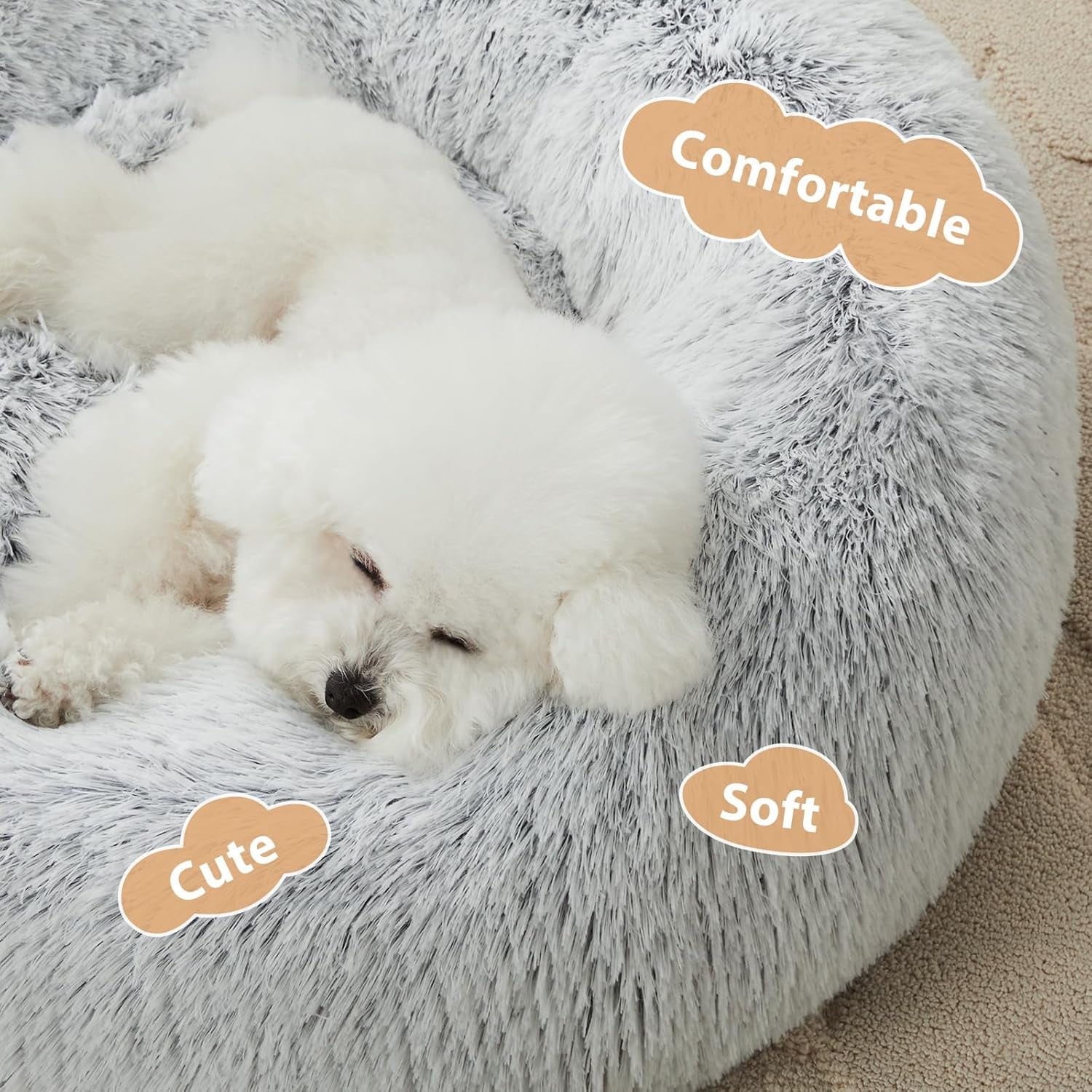 Calming Donut Pet Bed for Dogs and Cats, Self-Warming Faux Fur Cuddler, Plush Round Bed (24 x 24 Inch, Light Grey)