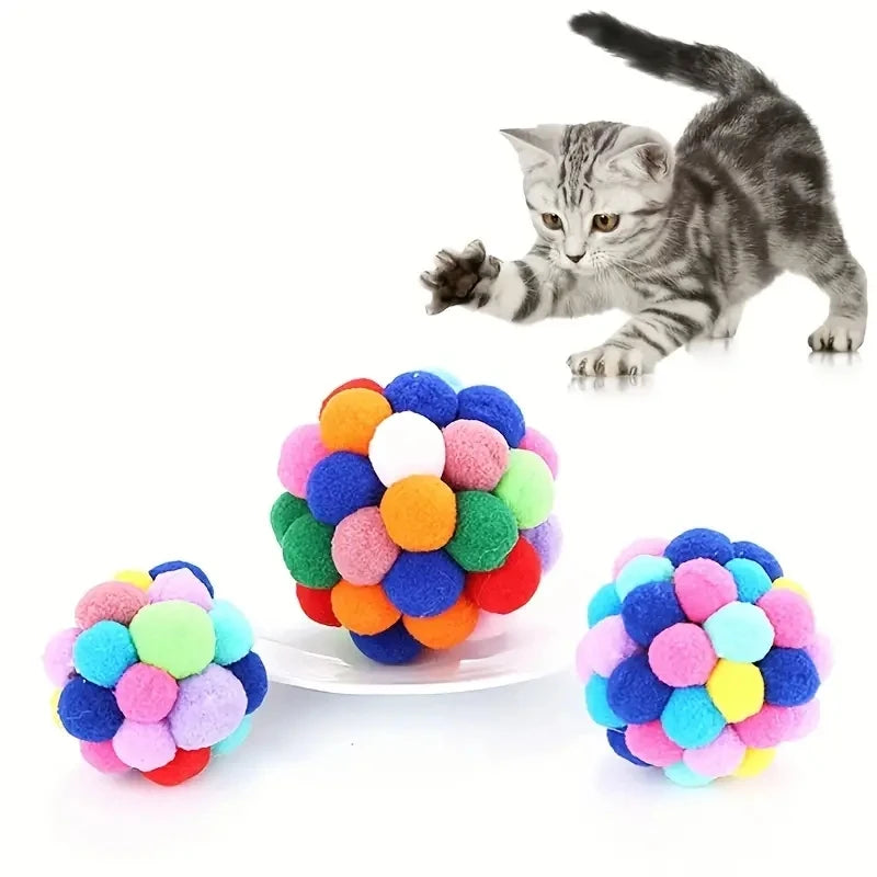 1 to 3 Pieces of Colorful Plush Cat Ball Toys with Elastic Bell for Engaging Playtime
