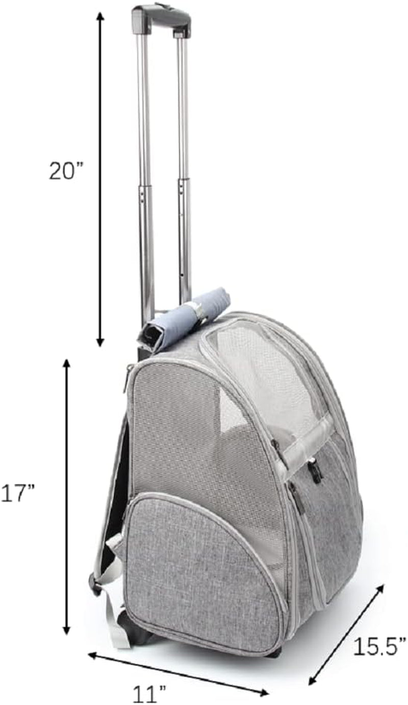 Pet Rolling Carrier Backpack for Dogs and Cats - Travel Bag with Wheels (Grey)